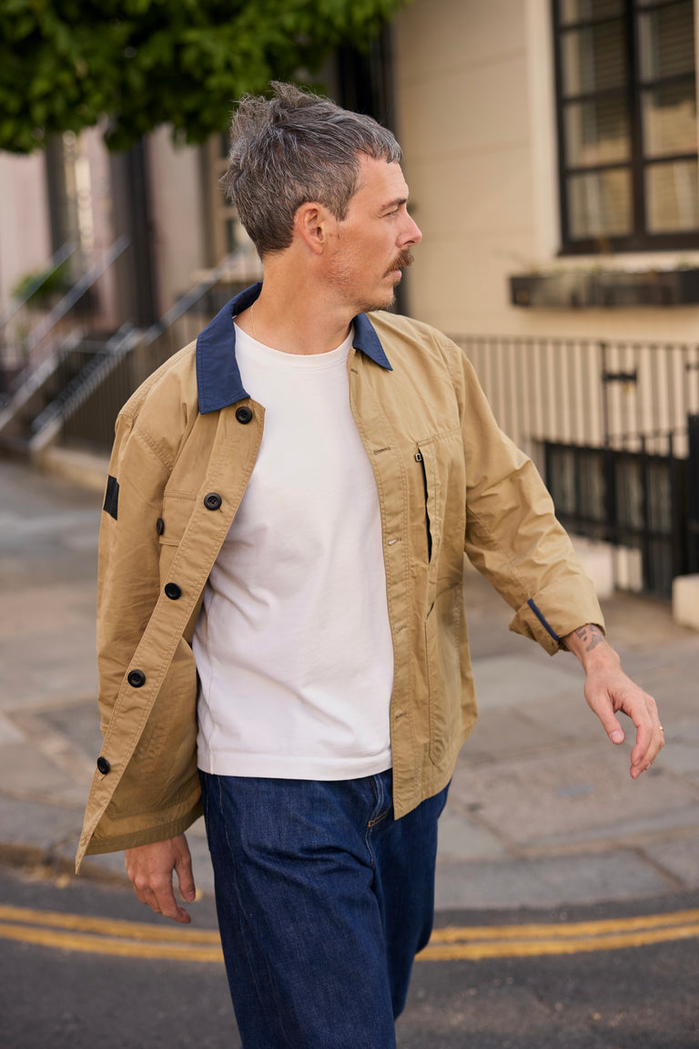 Waxed Lightweight Workers Jacket 2027 Beige with Navy