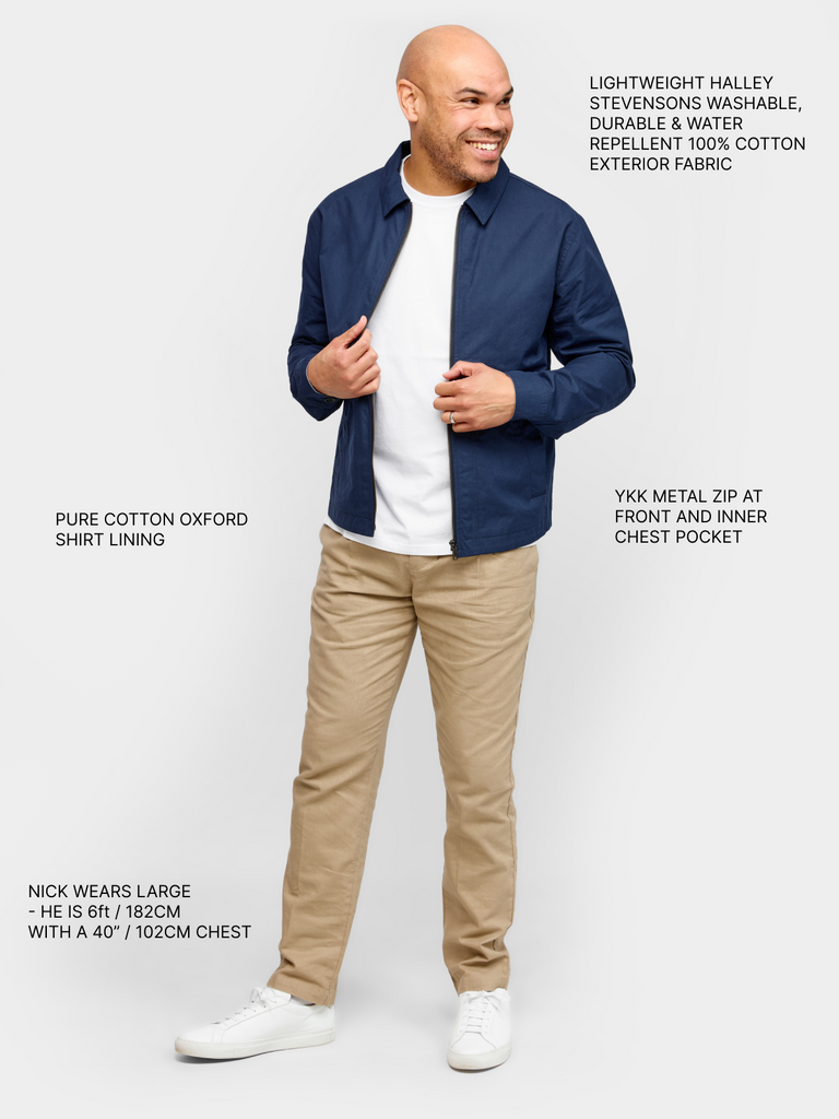 Model wearing FRAHM Lightweight Blouson Jacket in Classic Navy full body with product details