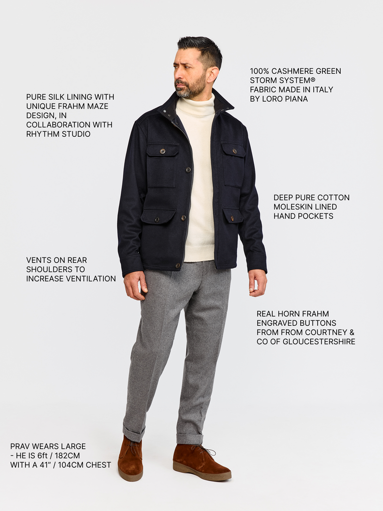 Full body shot of model wearing FRAHM Cashmere Field Jacket 2026 Classic Navy with annotations