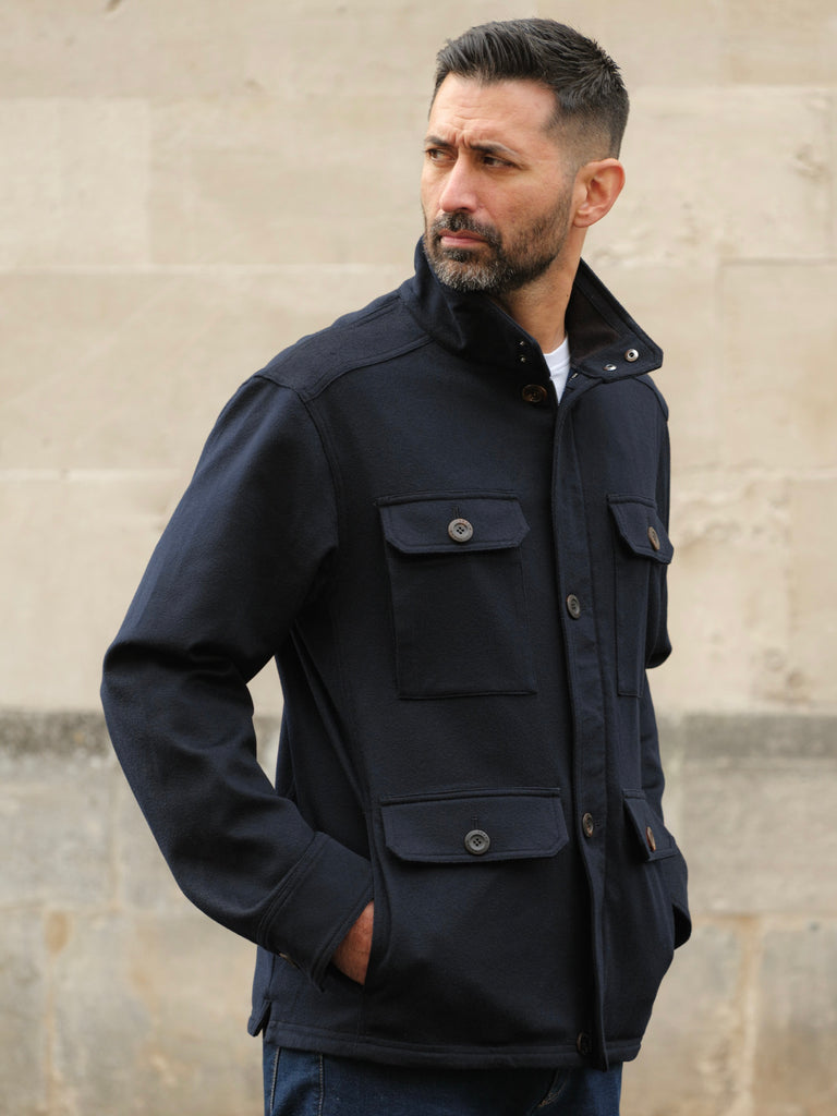 Model wearing FRAHM Cashmere Field Jacket 2026 in Classic Navy front view
