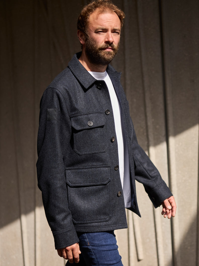 Merino Wool Workers Jacket 2027 Dark Navy Herringbone