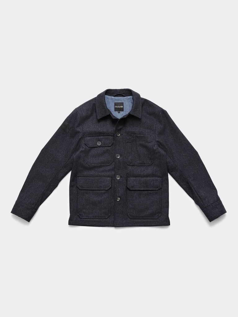 FRAHM Merino Woodland Workers Jacket 2026 Dark Navy Herringbone front view