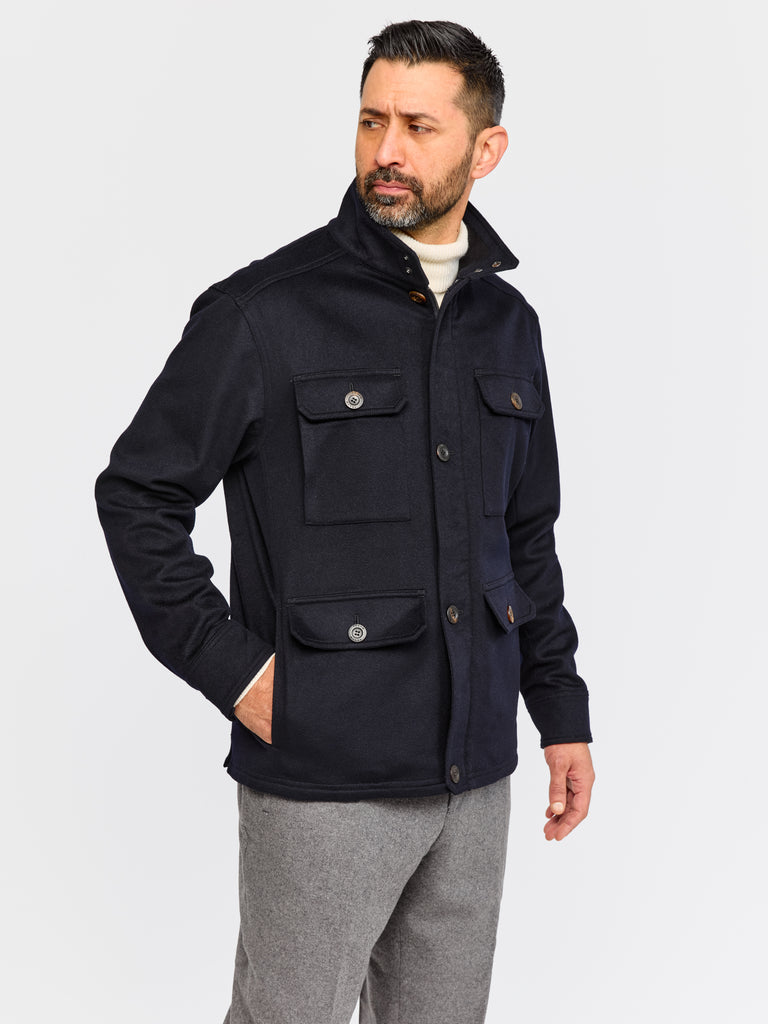 Model wearing FRAHM Cashmere Field Jacket 2026 Classic Navy in studio