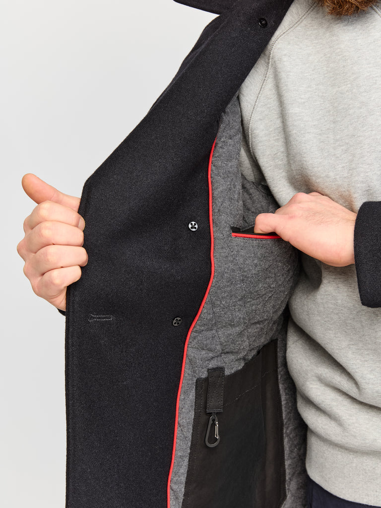 Close up of inner pocket and material of FRAHM Pure Wool Peacoat 2026 Midnight Blue