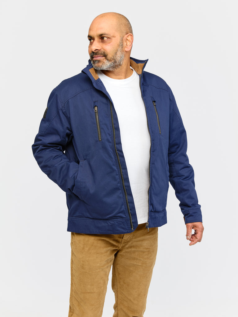 Front view of model wearing FRAHM Quilted Harrington Jacket 2026 in Navy Blue