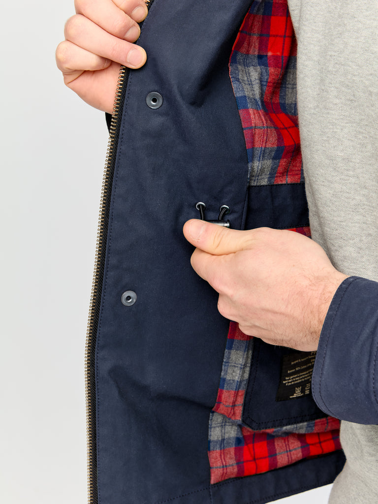 Close up of inner details of FRAHM Waxed Classic Field Jacket 2026 Classic Navy