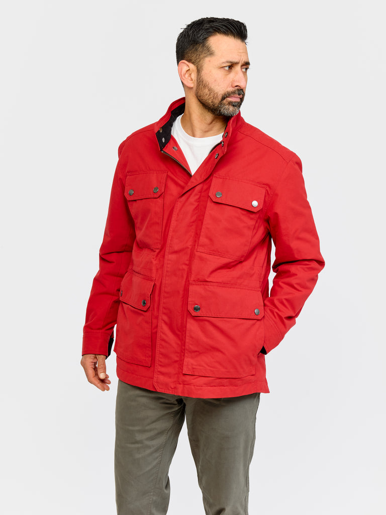 Front on of model wearing FRAHM Waxed Quilted Field Jacket 2026 Classic Red