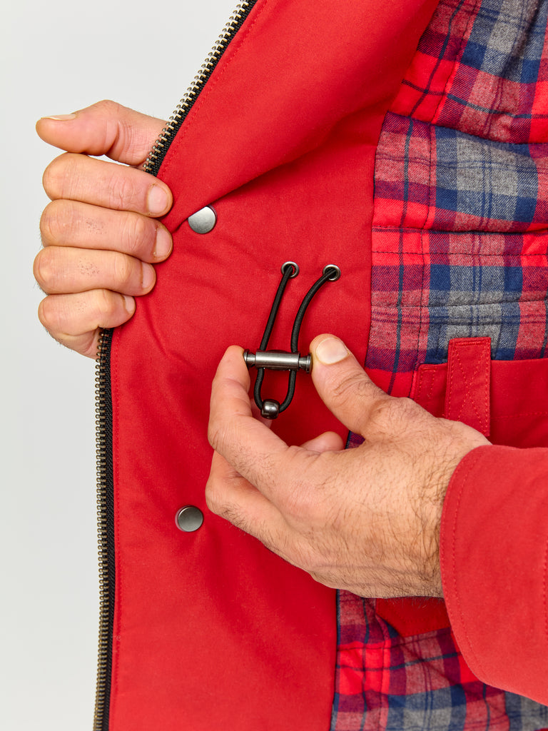 Close up of inner details on FRAHM Waxed Quilted Field Jacket 2026 Classic Red