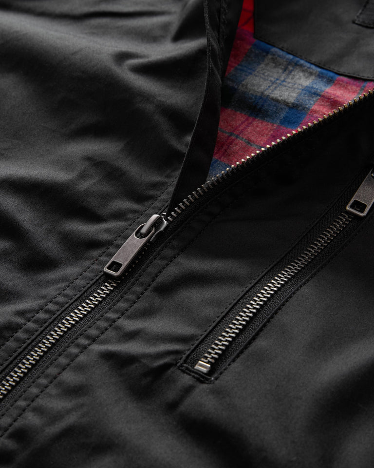 Close up of FRAHM Harrington Racer Jacket 2026 Black showing zip and fabric detail