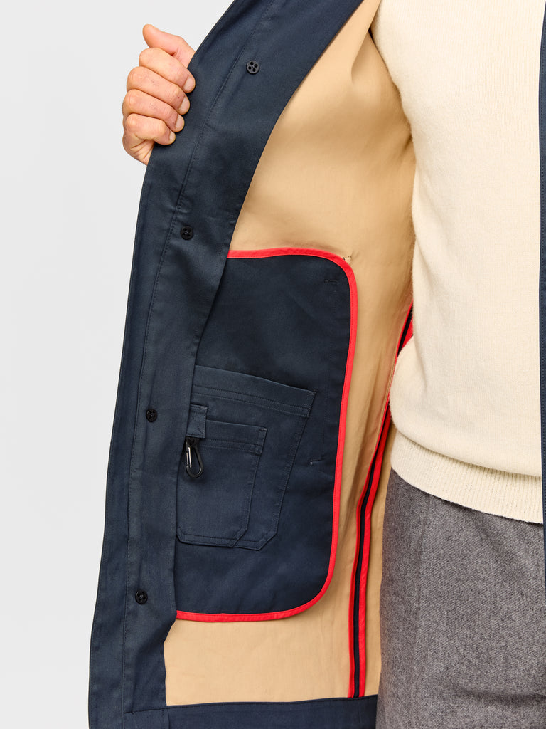 Detail shot of inside of FRAHM Classic Trench Coat 2027 Navy