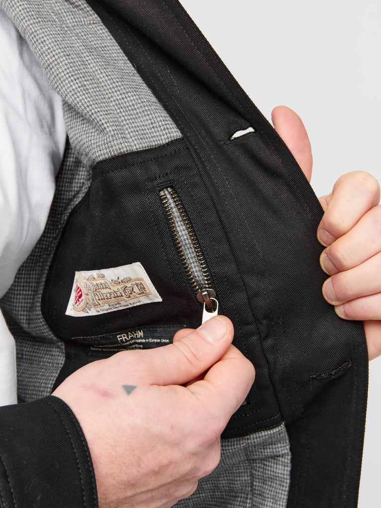 Inside pocket and fabric texture of FRAHM Heavy Twill Deck Jacket in Black