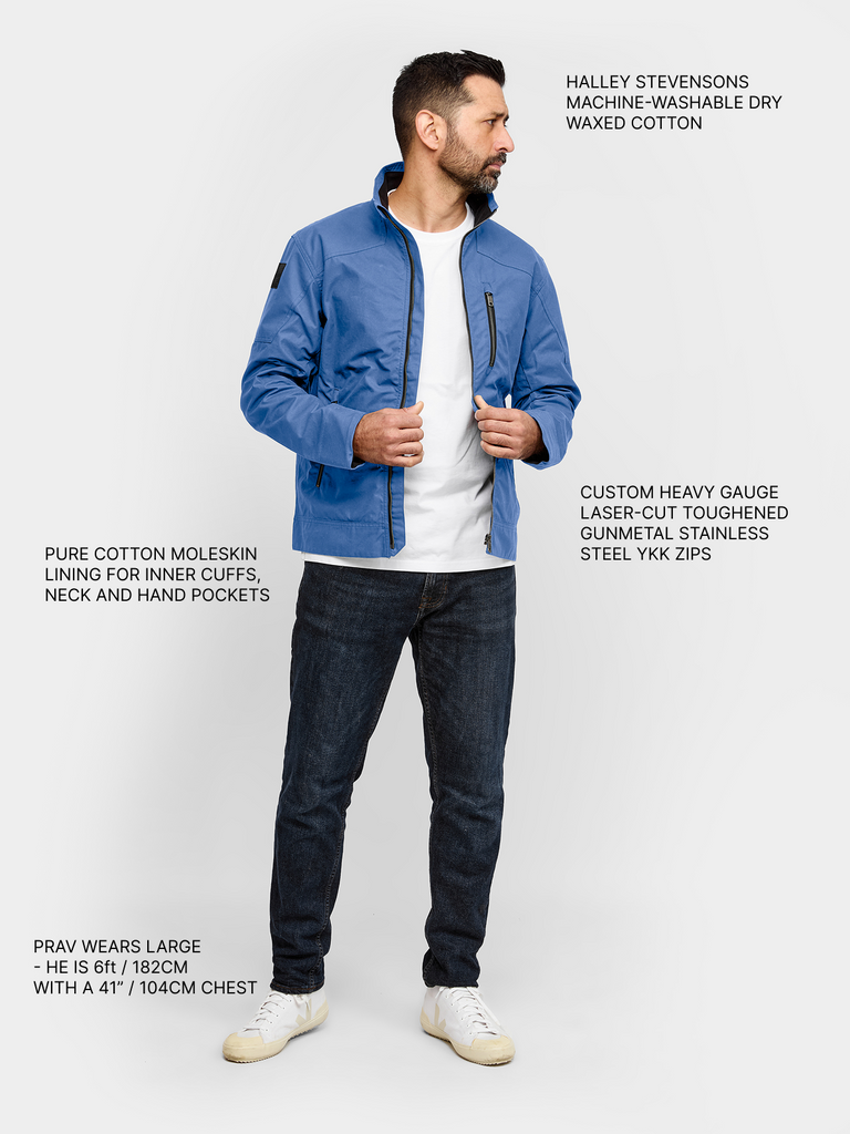 Full body shot of model wearing FRAHM Harrington Racer Jacket 2027 Sky Blue with annotations