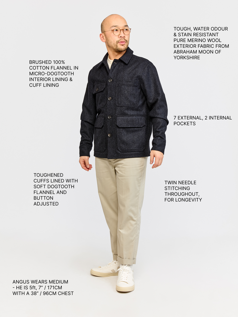 Full body shot of model wearing FRAHM Merino Woodland Workers Jacket 2026 Dark Navy Herringbone with annotations