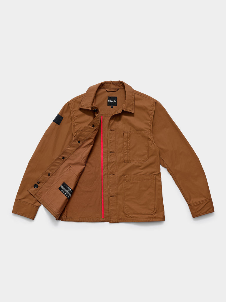 Flat lay of FRAHM Original Lightweight Workers Jacket 2026 Cinnamon Brown showing inner fabric detail