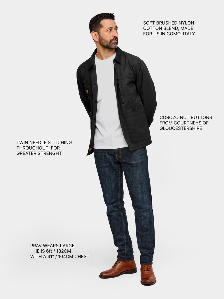 Model wearing FRAHM Original Lightweight Workers Jacket 2027 Black with Orange with annotations