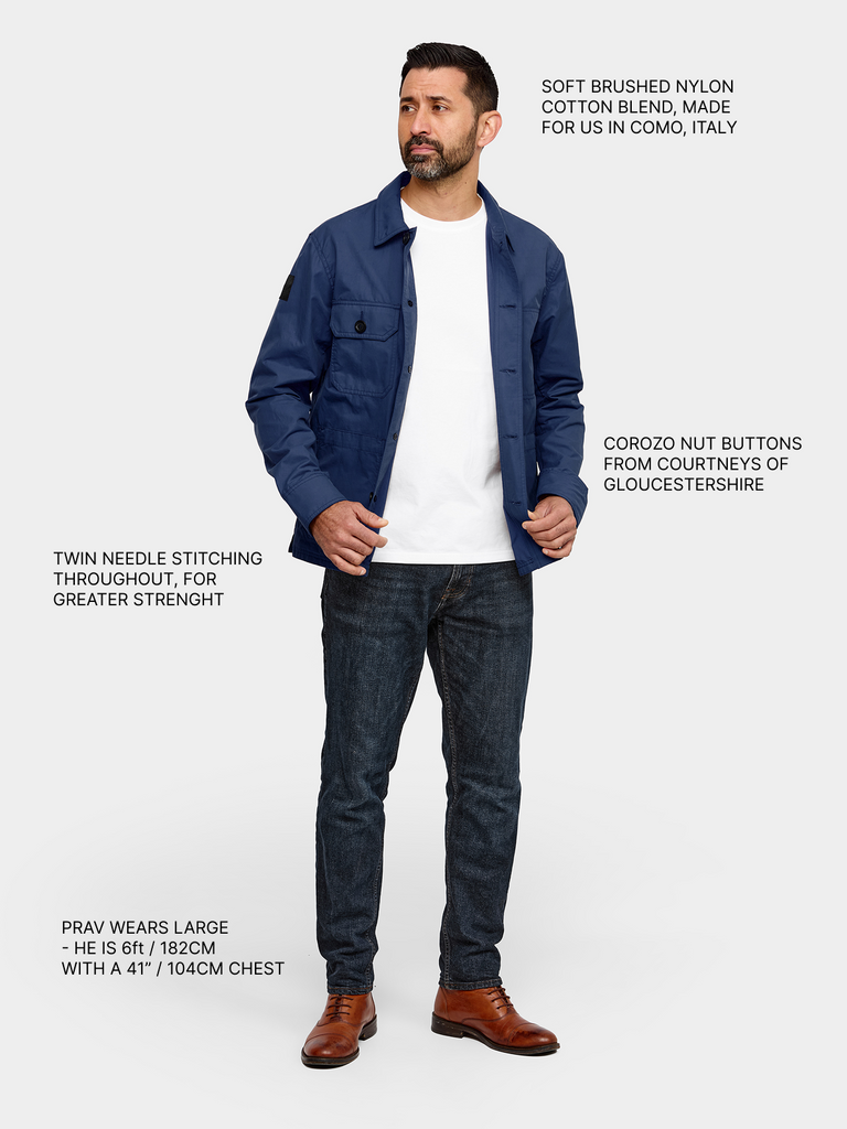 Model wearing FRAHM Original Lightweight Workers Jacket 2027 French Blue with annotations