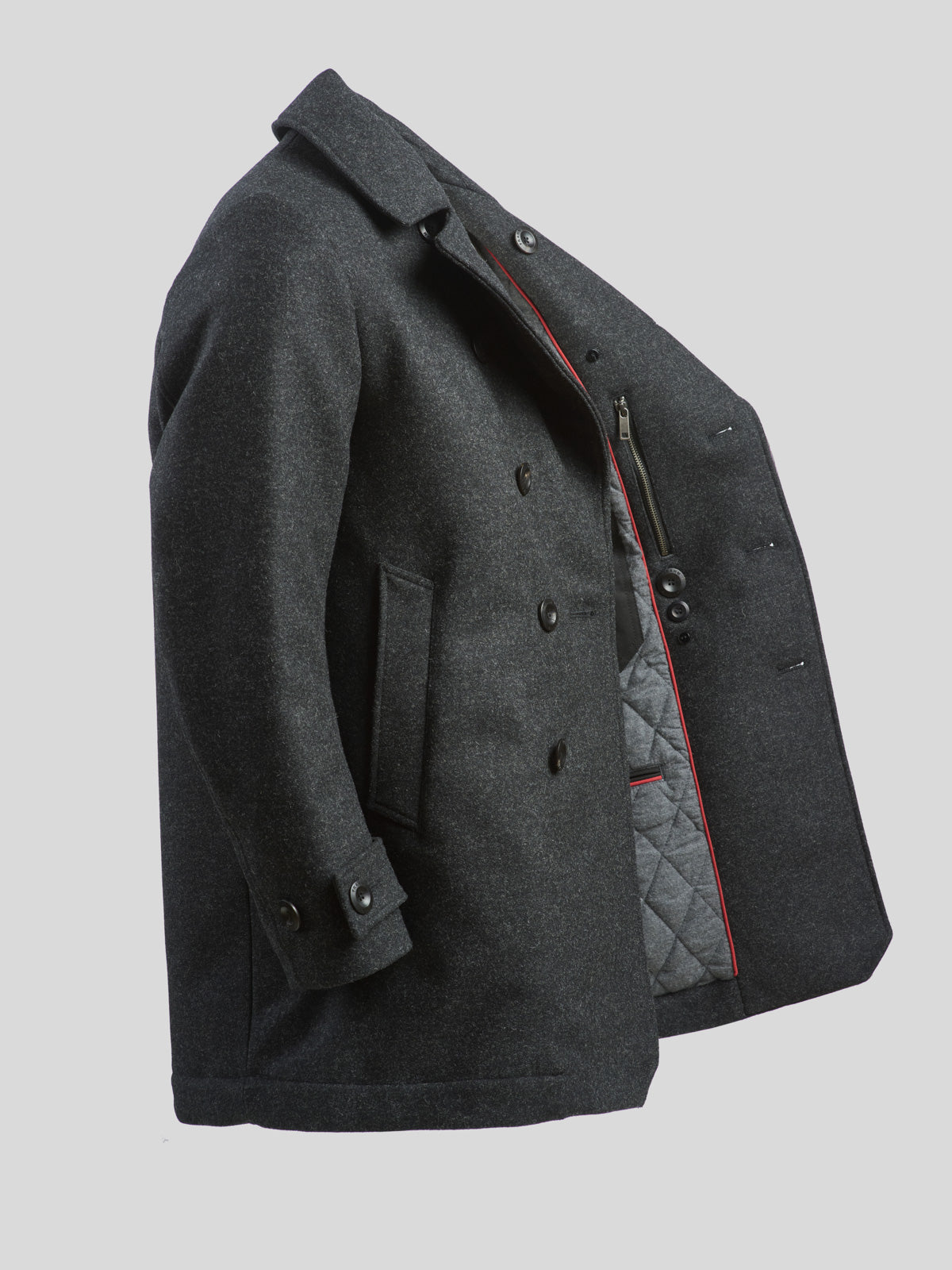 Pure Wool Quilted Peacoat 2025 Charcoal Grey – FRAHM Jacket
