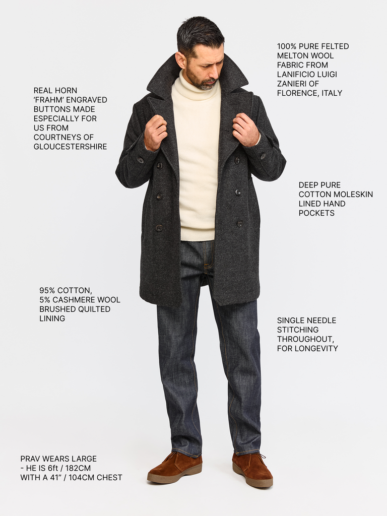 Full body shot of model wearing FRAHM Pure Wool Peacoat 2026 Charcoal Grey with annotations