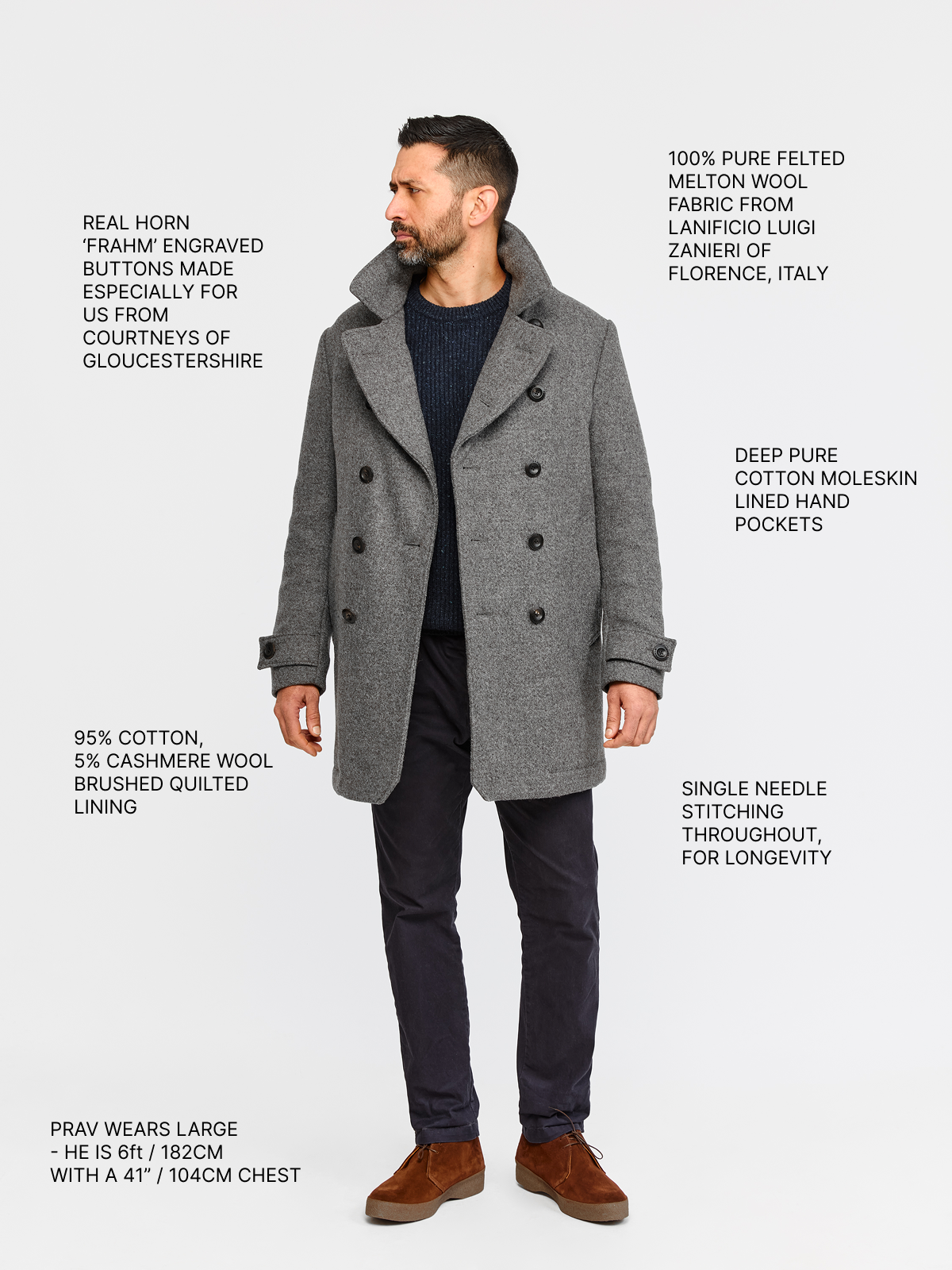 Pure Wool Quilted Peacoat 2026 Salt and Pepper Grey – FRAHM Jacket