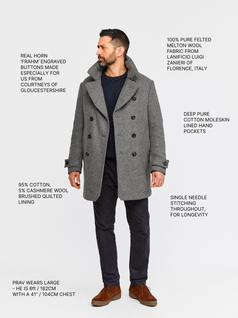 Full body shot of model wearing FRAHM Pure Wool Peacoat 2026 Salt and Pepper Grey with annotations