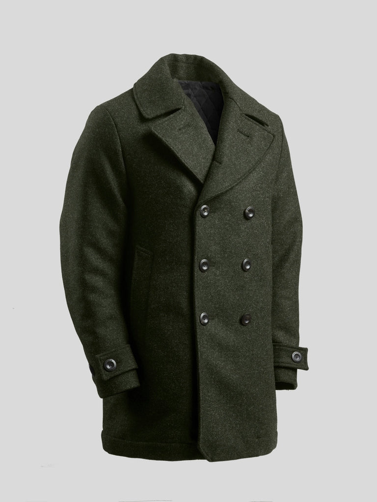 Pure Wool Quilted Peacoat Dark Green