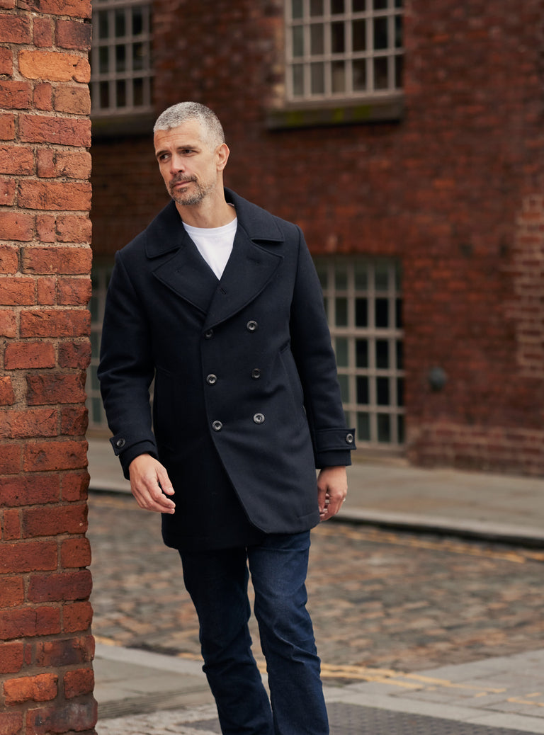 Pure Wool Quilted Peacoat Midnight Blue