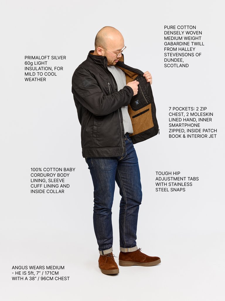 Full body shot of model wearing FRAHM Quilted Harrington Jacket 2026 Black with annotations