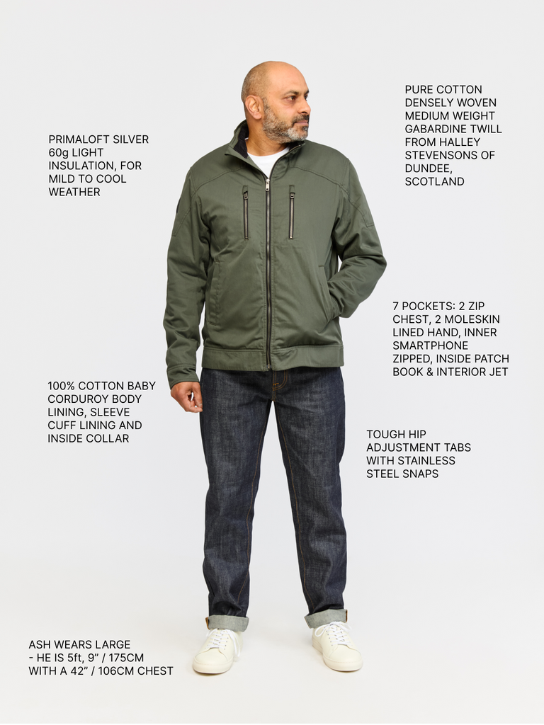 Full body shot of model wearing FRAHM Quilted Harrington Jacket 2026 Sage Green with annotations