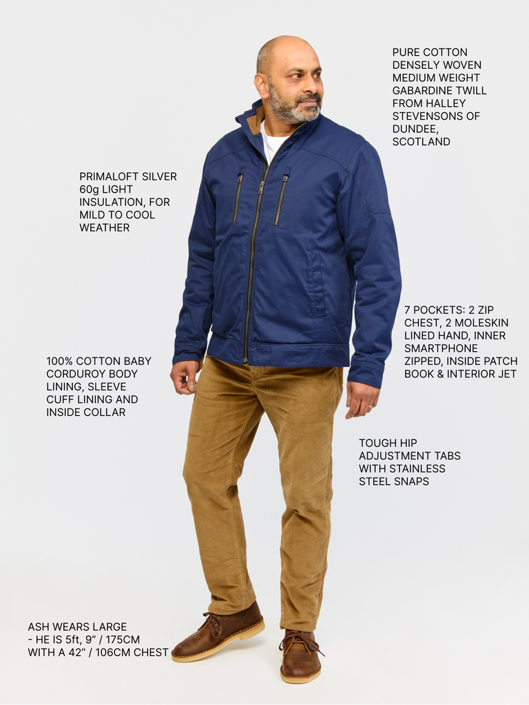 Full body shot of model wearing FRAHM Quilted Harrington Jacket 2026 Navy Blue with annotations