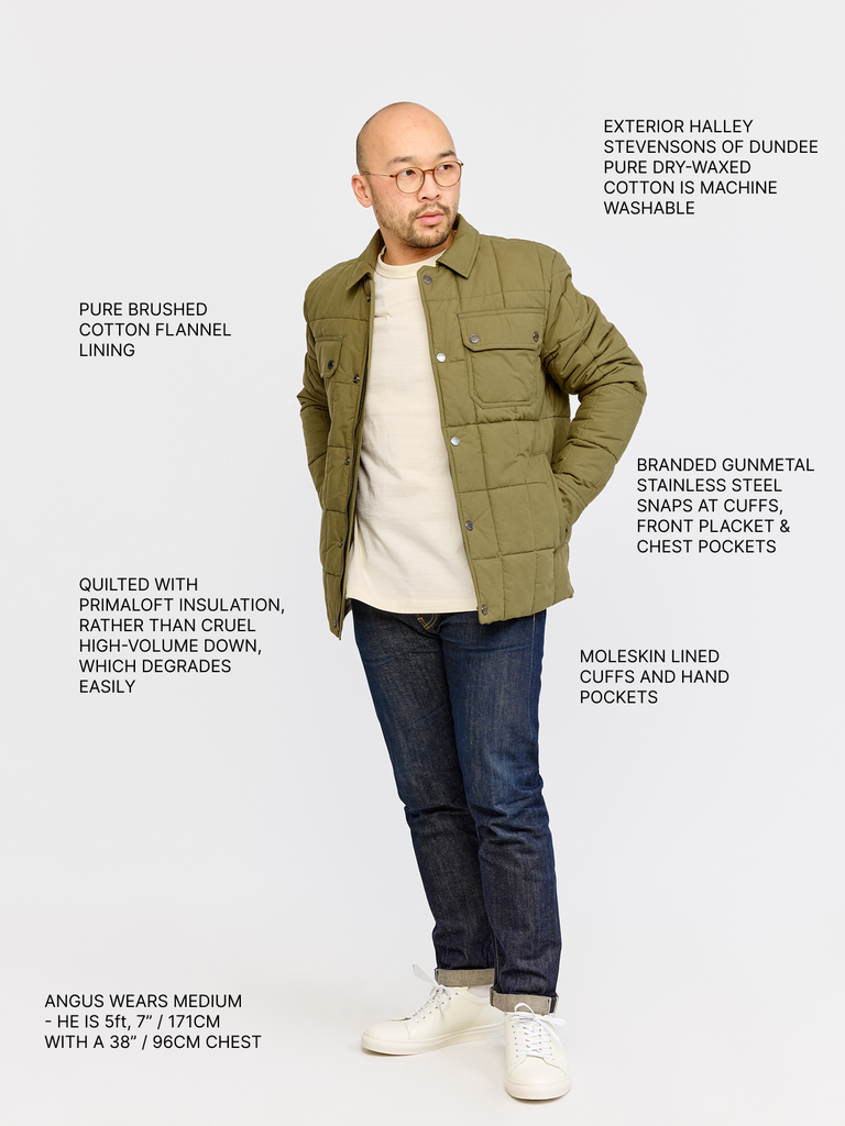 Full body shot of model wearing FRAHM Quilted Winter Workers Jacket 2026 Olive Green with annotations