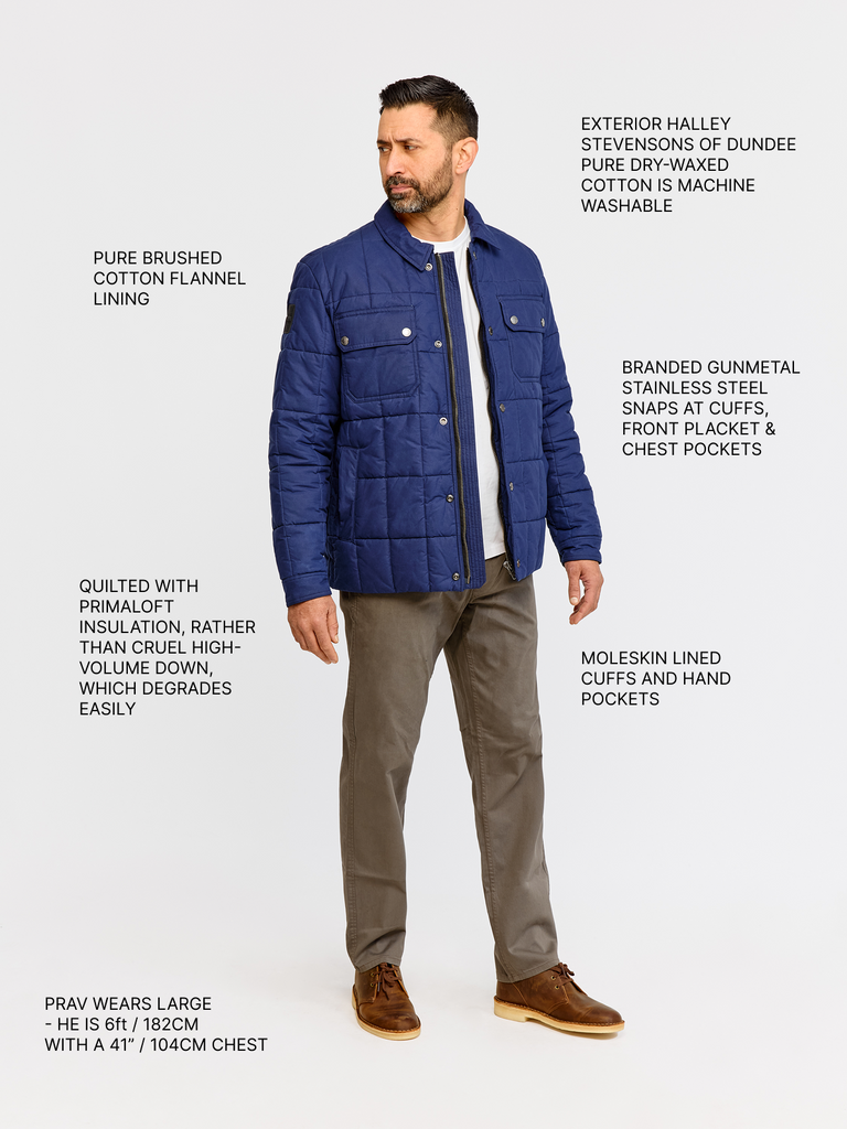 Full body shot of model wearing FRAHM Quilted Winter Workers Jacket 2026 Dark Navy with annotations