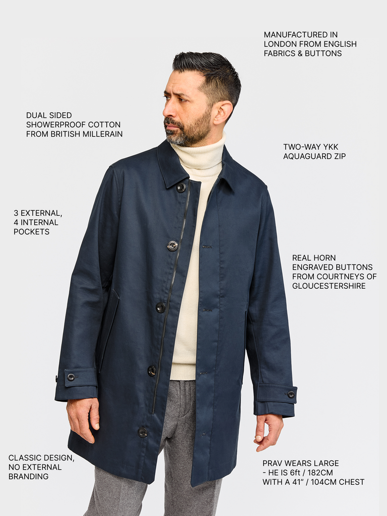 Model wearing FRAHM Classic Trench Coat 2027 Navy in studio with annotations