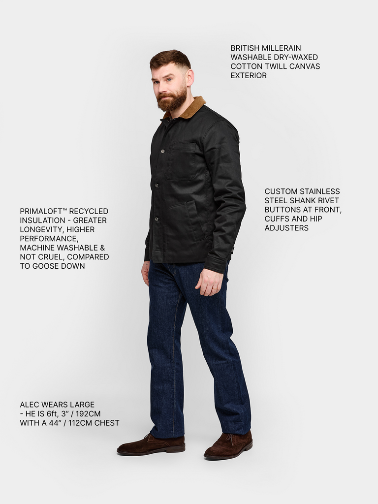 Model wearing FRAHM Heavy Deck Twill Jacket in Black full body with product details