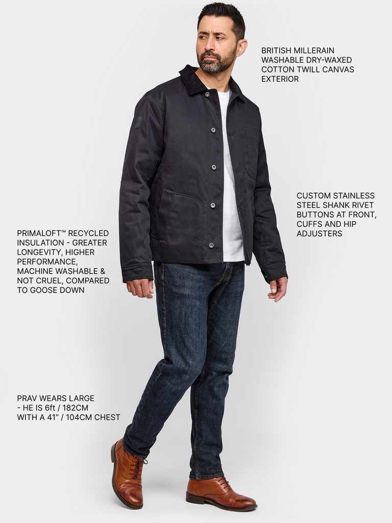 Model wearing Heavy Twill Deck Jacket Midnight Blue full body with product details