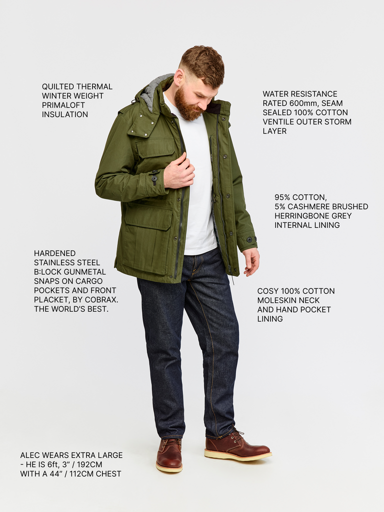 Full body shot of FRAHM Ventile Thermal Field 2026 Military Green with annotations