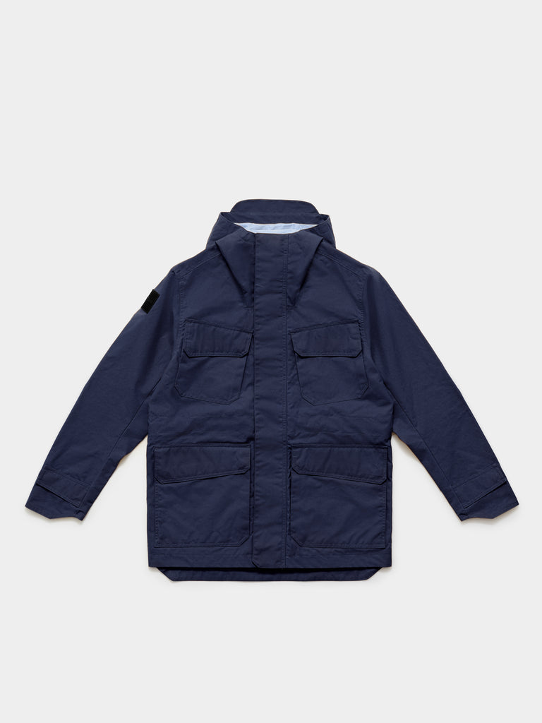 FRAHM Waxed Hooded Field Coat 2026 in   Dark Blue front view in studio