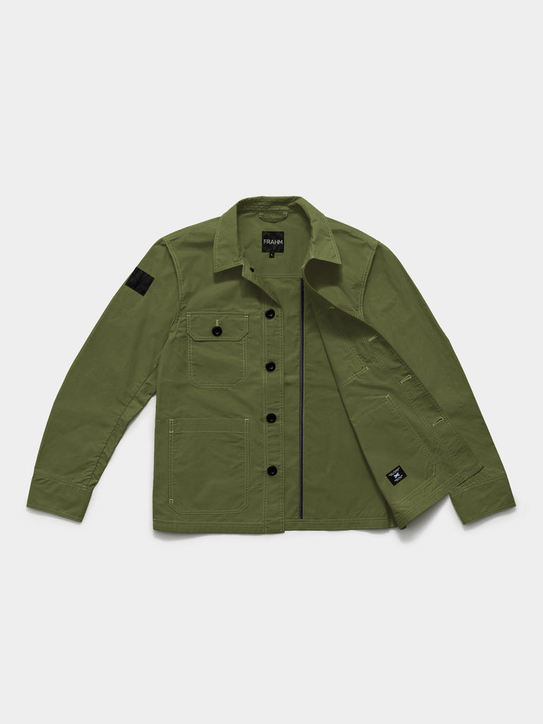 Flat lay of FRAHM Waxed Lightweight Workers Jacket 2026 Moss Green showing inner  fabric detail