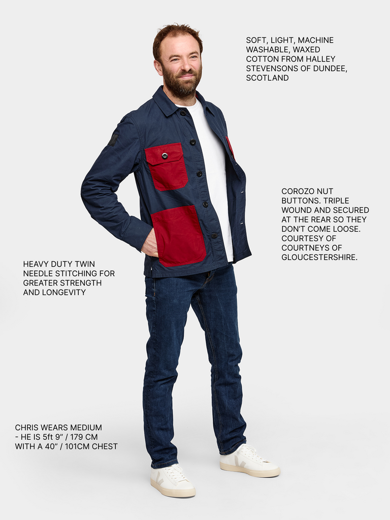 Full body shot of FRAHM Waxed Lightweight Workers Jacket 2027 Dark Navy with Red with annotations