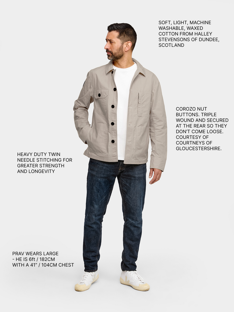 Full body shot of FRAHM Waxed Lightweight Workers Jacket 2027 Bath Stone with annotations