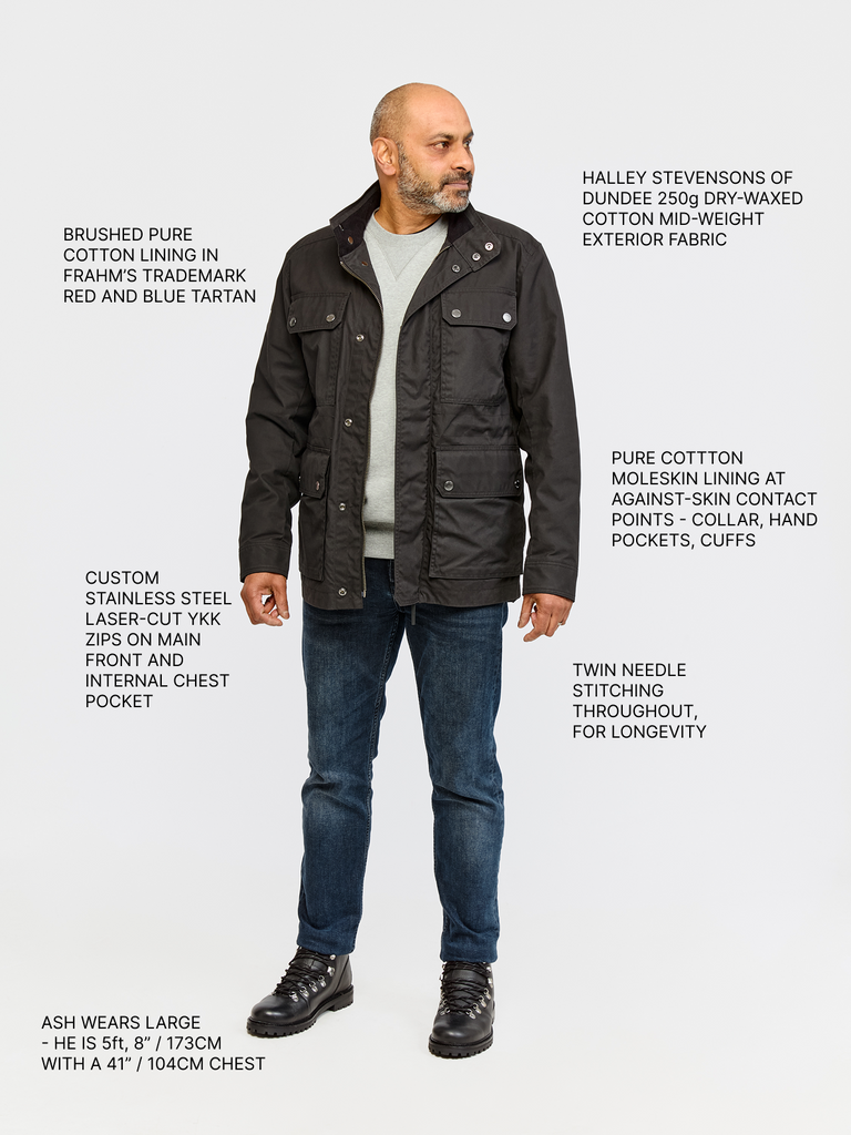 Full body shot of model wearing FRAHM Waxed Classic Field Jacket 2026 Black with annotations