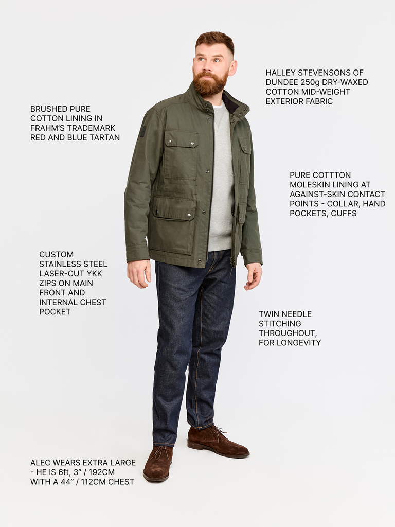 Full body shot of model wearing FRAHM Waxed Classic Field Jacket 2026 in Dark Olive Green with annotations