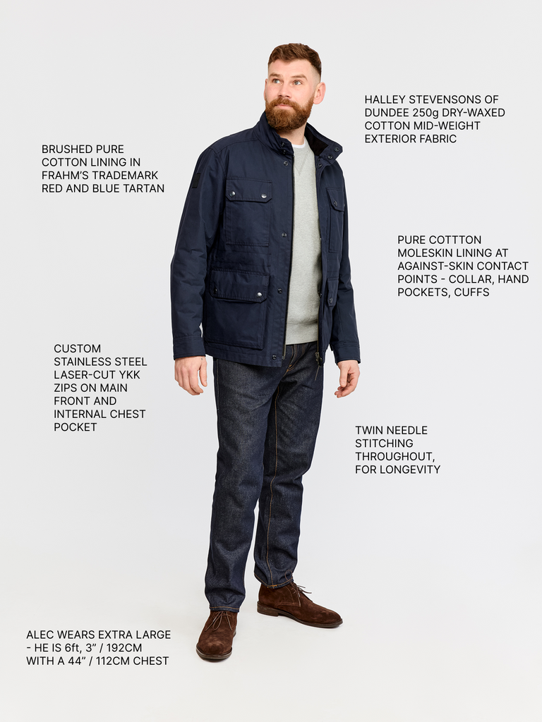 Full body shot of model wearing FRAHM Waxed Classic Field Jacket 2026 Classic Navy with annotations