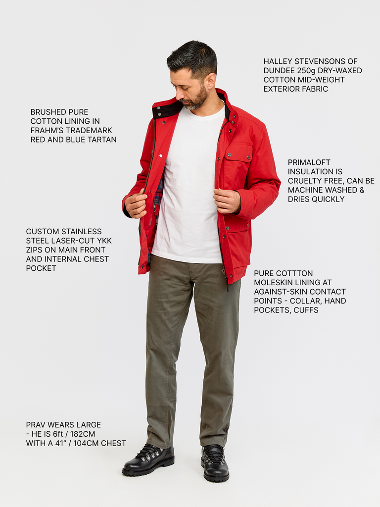 Full body shot of model wearing FRAHM Waxed Quilted Field Jacket 2026 Classic Red with annotations