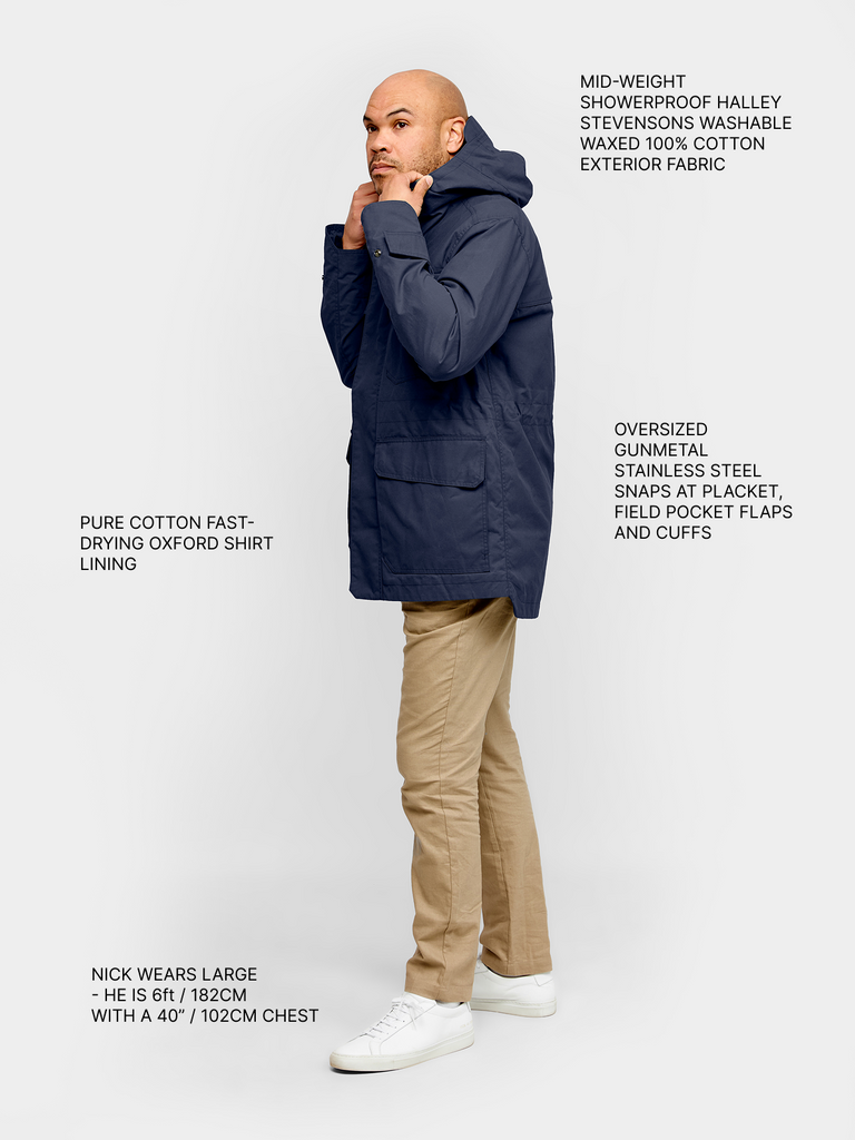 Model wearing FRAHM Waxed Hooded Field Coat in Dark Blue full body with product details