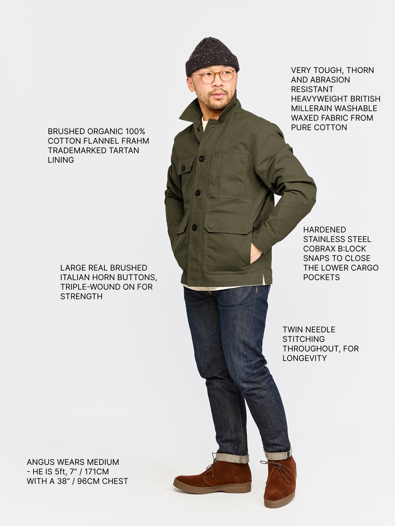 Full body shot of model wearing FRAHM Waxed Woodland Workers Jacket 2026 Military Green with annotations