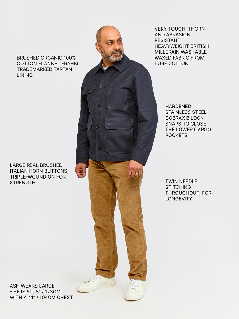 Full body shot of model wearing FRAHM Waxed Woodland Workers Jacket 2026 Dark Navy with annotations