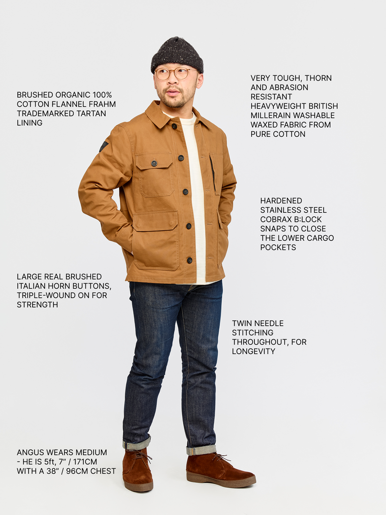 Full body shot of model wearing FRAHM Waxed Woodland Workers Jacket 2026 American Tan with annotations